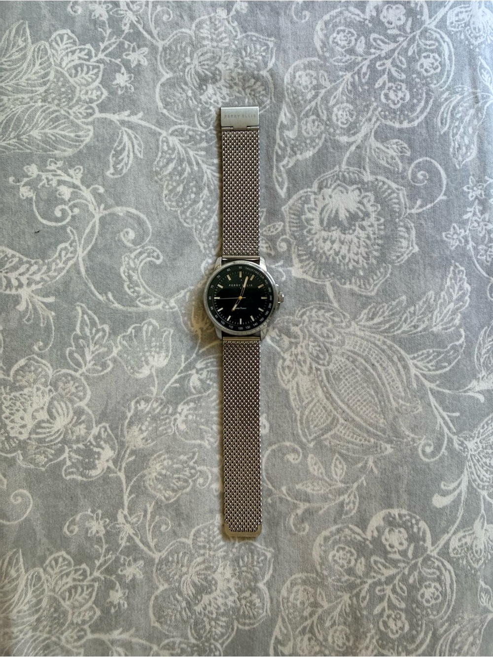 Perry Ellis Silver Mesh Strap Watch with Black Dial